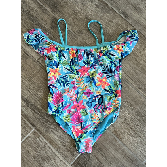Girls 7/8 Blue Floral Toucan Ruffle Swimsuit One Piece Tropical Bathing Suit - Picture 1 of 5